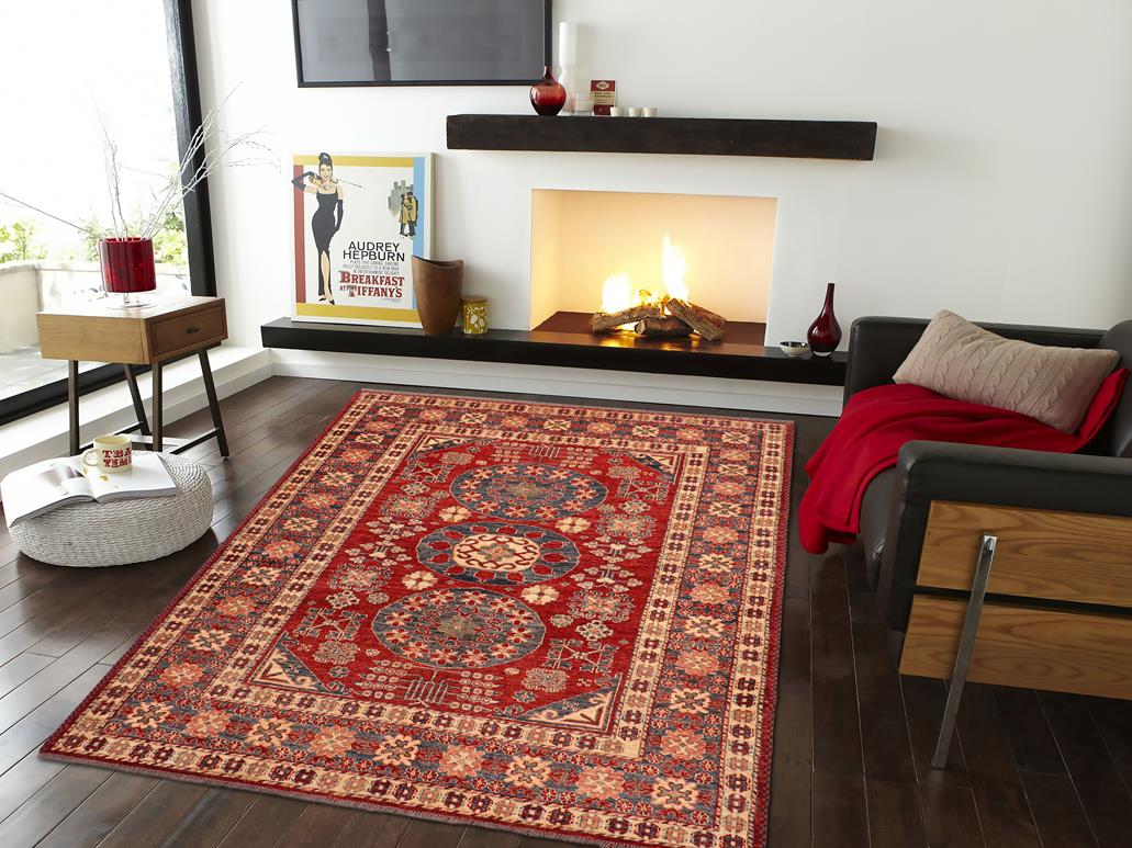 handmade Geometric Super Kazak Red Blue Hand Knotted RECTANGLE 100% WOOL area rug 5x6