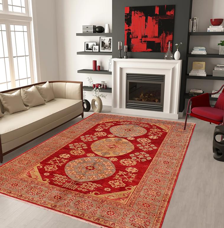 handmade Geometric Kotan Red Lt. Blue Hand Knotted RECTANGLE 100% WOOL area rug 6 x 9