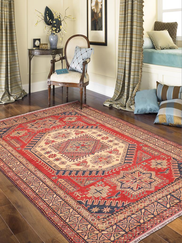 handmade Geometric Super Kazak Rust Tan Hand Knotted RECTANGLE 100% WOOL area rug 7x9