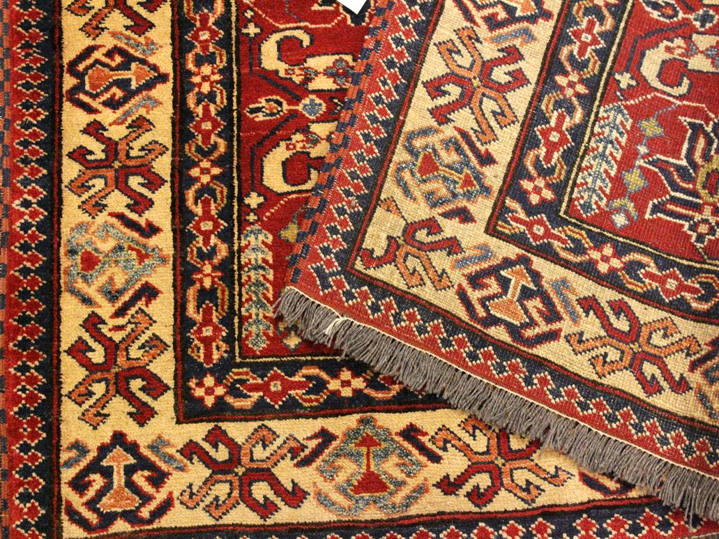 handmade Geometric Super Kazak Red Tan Hand Knotted RECTANGLE 100% WOOL area rug 4x6