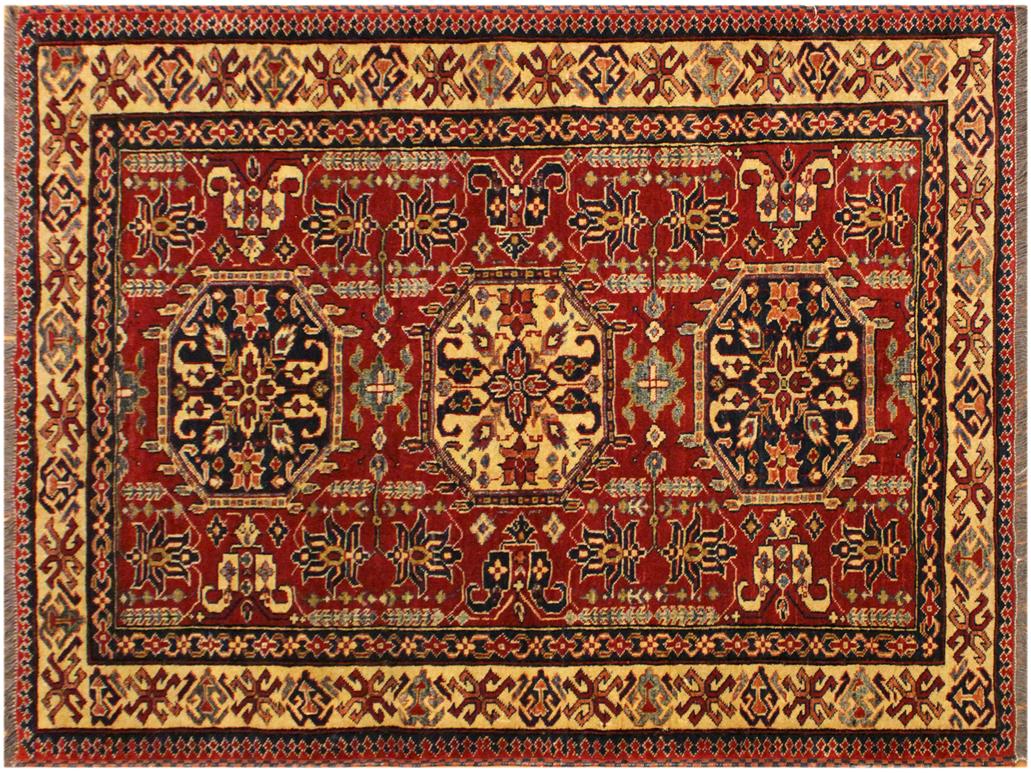 handmade Geometric Super Kazak Red Tan Hand Knotted RECTANGLE 100% WOOL area rug 4x6