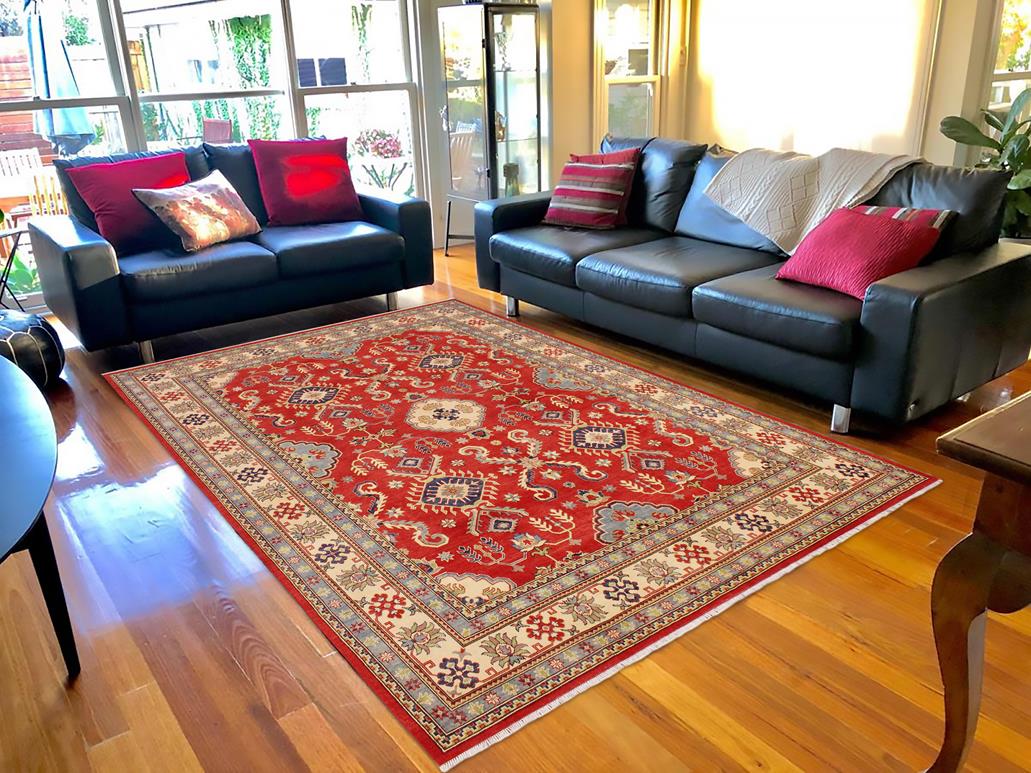 handmade Geometric Kazak Red Beige Hand Knotted RECTANGLE 100% WOOL area rug 9x12