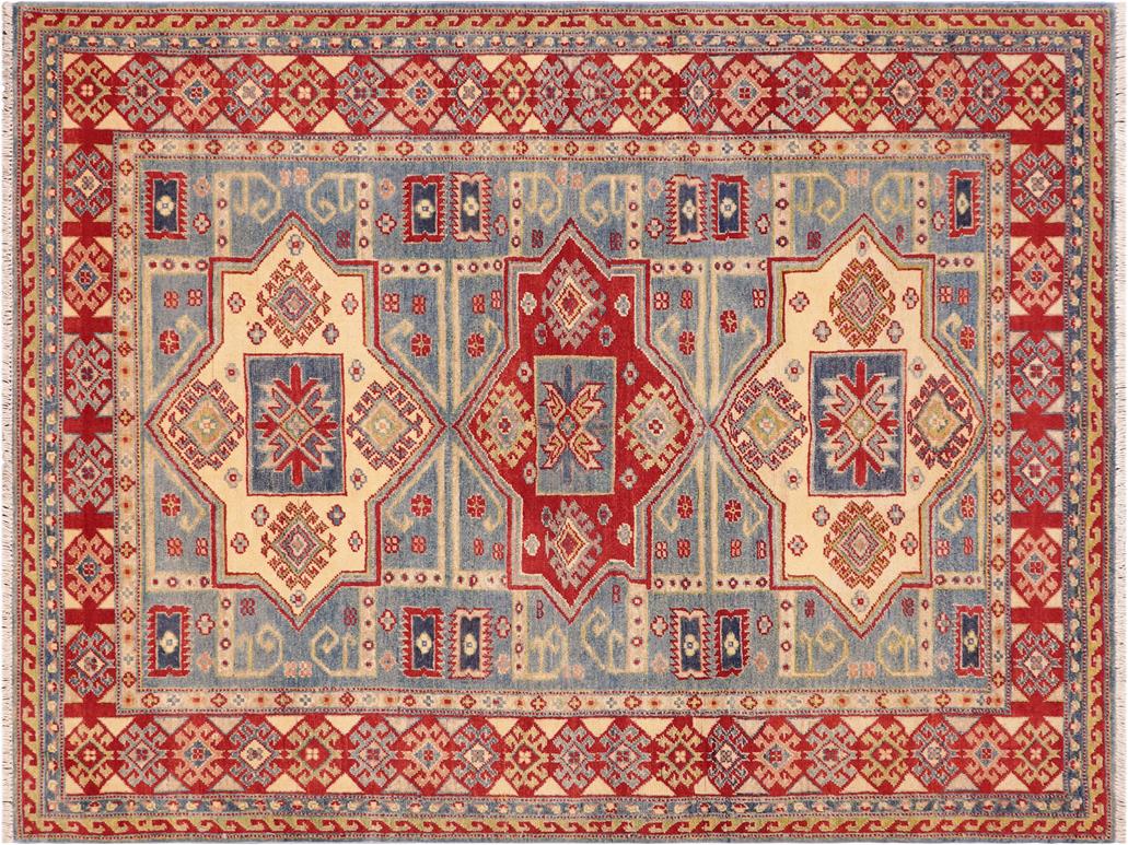 handmade Geometric Kazak Lt. Blue Beige Hand Knotted RECTANGLE 100% WOOL area rug 5x7