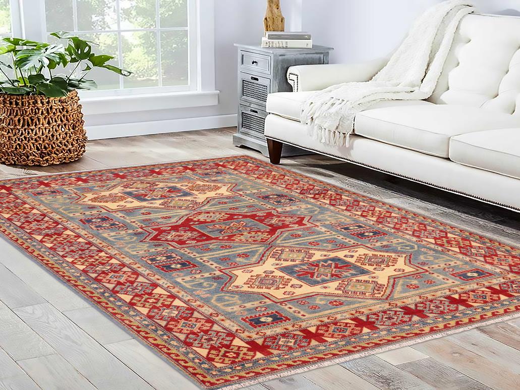 handmade Geometric Kazak Lt. Blue Beige Hand Knotted RECTANGLE 100% WOOL area rug 5x7