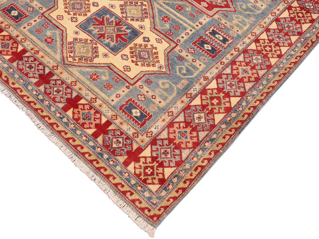 handmade Geometric Kazak Lt. Blue Beige Hand Knotted RECTANGLE 100% WOOL area rug 5x7