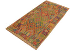 Flat Weave Kilim, Antique, Navaho, Vintage, Handmade, Geometric Kilim Gold Blue Hand-Woven Rectangle 100% Wool Area Rug 4 x 7