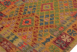Flat Weave Kilim, Antique, Navaho, Vintage, Handmade, Geometric Kilim Gold Blue Hand-Woven Rectangle 100% Wool Area Rug 4 x 7
