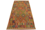Flat Weave Kilim, Antique, Navaho, Vintage, Handmade, Geometric Kilim Gold Blue Hand-Woven Rectangle 100% Wool Area Rug 4 x 7