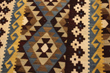 Flat Weave Kilim, Antique, Navaho, Vintage, Handmade, Geometric Kilim Brown Beige Hand-Woven Rectangle 100% Wool Area Rug 4 x 6