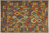 Flat Weave Kilim, Antique, Navaho, Vintage, Handmade, Geometric Kilim Brown Blue Hand-Woven Rectangle 100% Wool Area Rug 6 x 8