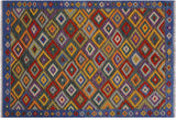 Flat Weave Kilim, Antique, Navaho, Vintage, Handmade, Geometric Kilim Brown Blue Hand-Woven Rectangle 100% Wool Area Rug 5 x 8