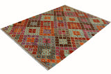 Flat Weave Kilim, Antique, Navaho, Vintage, Handmade, Modern Kilim Brown Red Hand-Woven Rectangle 100% Wool Area Rug 4 x 6