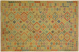 Flat Weave Kilim, Antique, Navaho, Vintage, Handmade, Geometric Kilim Tan Blue Hand-Woven Rectangle 100% Wool Area Rug 7 x 10