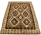 Flat Weave Kilim, Antique, Navaho, Vintage, Handmade, Geometric Kilim Beige Brown Hand-Woven Rectangle 100% Wool Area Rug 4 x 6