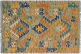 Flat Weave Kilim, Antique, Navaho, Vintage, Handmade, Geometric Kilim Gray Gold Hand-Woven Rectangle 100% Wool Area Rug 3 x 4