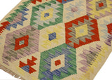 Flat Weave Kilim, Antique, Navaho, Vintage, Handmade, Geometric Kilim Beige Blue Hand-Woven Rectangle 100% Wool Area Rug 3 x 4