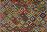 Flat Weave Kilim, Antique, Navaho, Vintage, Handmade, Geometric Kilim Brown Blue Hand-Woven Rectangle 100% Wool Area Rug 5 x 7