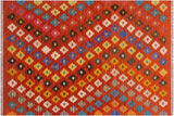Flat Weave Kilim, Antique, Navaho, Vintage, Handmade, Modern Kilim Rust Beige Hand-Woven Rectangle 100% Wool Area Rug 4 x 5