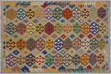 Flat Weave Kilim, Antique, Navaho, Vintage, Handmade, Geometric Kilim Gray Blue Hand-Woven Rectangle 100% Wool Area Rug 5 x 7