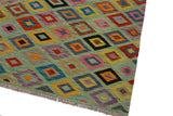 Flat Weave Kilim, Antique, Navaho, Vintage, Handmade, Modern Kilim Green Beige Hand-Woven Rectangle 100% Wool Area Rug 7 x 10