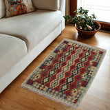 Flat Weave Kilim, Antique, Navaho, Vintage, Handmade, Geometric Kilim Beige Red Hand-Woven Rectangle 100% Wool Area Rug 3 x 5