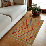 Flat Weave Kilim, Antique, Navaho, Vintage, Handmade, Modern Kilim Gold Gray Hand-Woven Rectangle 100% Wool Area Rug 3 x 5