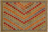 Flat Weave Kilim, Antique, Navaho, Vintage, Handmade, Modern Kilim Gold Gray Hand-Woven Rectangle 100% Wool Area Rug 3 x 5