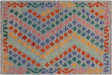 Flat Weave Kilim, Antique, Navaho, Vintage, Handmade, Modern Kilim Blue Gray Hand-Woven Rectangle 100% Wool Area Rug 3 x 5