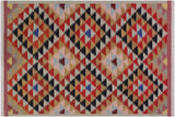 Flat Weave Kilim, Antique, Navaho, Vintage, Handmade, Modern Kilim Pink Rust Hand-Woven Rectangle 100% Wool Area Rug 5 x 7