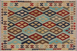 Flat Weave Kilim, Antique, Navaho, Vintage, Handmade, Geometric Kilim Ivory Brown Hand-Woven Rectangle 100% Wool Area Rug 5 x 7