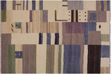 Flat Weave Kilim, Antique, Navaho, Vintage, Handmade, Modern Kilim Ivory Blue Hand-Woven Rectangle 100% Wool Area Rug 6 x 8