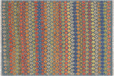Flat Weave Kilim, Antique, Navaho, Vintage, Handmade, Modern Kilim Blue Rust Hand-Woven Rectangle 100% Wool Area Rug 5 x 7