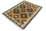 Flat Weave Kilim, Antique, Navaho, Vintage, Handmade, Geometric Kilim Rust Blue Hand-Woven Rectangle 100% Wool Area Rug 2 x 3