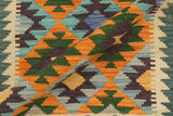Flat Weave Kilim, Antique, Navaho, Vintage, Handmade, Geometric Kilim Rust Blue Hand-Woven Rectangle 100% Wool Area Rug 2 x 3