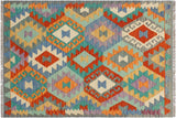 Flat Weave Kilim, Antique, Navaho, Vintage, Handmade, Geometric Kilim Blue Gray Hand-Woven Rectangle 100% Wool Area Rug 3 x 4