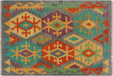 Flat Weave Kilim, Antique, Navaho, Vintage, Handmade, Geometric Kilim Gray Rust Hand-Woven Rectangle 100% Wool Area Rug 3 x 4
