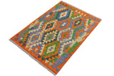 Flat Weave Kilim, Antique, Navaho, Vintage, Handmade, Geometric Kilim Rust Blue Hand-Woven Rectangle 100% Wool Area Rug 3 x 3
