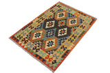 Flat Weave Kilim, Antique, Navaho, Vintage, Handmade, Geometric Kilim Rust Gold Hand-Woven Rectangle 100% Wool Area Rug 3 x 5
