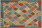 Flat Weave Kilim, Antique, Navaho, Vintage, Handmade, Geometric Kilim Blue Green Hand-Woven Rectangle 100% Wool Area Rug 3 x 5