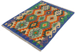 Flat Weave Kilim, Antique, Navaho, Vintage, Handmade, Geometric Kilim Rust Blue Hand-Woven Rectangle 100% Wool Area Rug 3 x 3