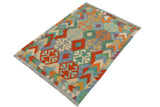 Flat Weave Kilim, Antique, Navaho, Vintage, Handmade, Geometric Kilim Rust Blue Hand-Woven Rectangle 100% Wool Area Rug 4 x 5