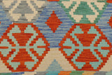 Flat Weave Kilim, Antique, Navaho, Vintage, Handmade, Geometric Kilim Rust Blue Hand-Woven Rectangle 100% Wool Area Rug 4 x 5