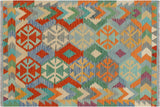 Flat Weave Kilim, Antique, Navaho, Vintage, Handmade, Geometric Kilim Rust Blue Hand-Woven Rectangle 100% Wool Area Rug 4 x 5