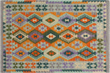 Flat Weave Kilim, Antique, Navaho, Vintage, Handmade, Geometric Kilim Rust Blue Hand-Woven Rectangle 100% Wool Area Rug 4 x 5