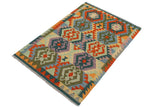 Flat Weave Kilim, Antique, Navaho, Vintage, Handmade, Geometric Kilim Beige Blue Hand-Woven Rectangle 100% Wool Area Rug 3 x 5