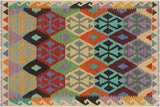 Flat Weave Kilim, Antique, Navaho, Vintage, Handmade, Geometric Kilim Blue Beige Hand-Woven Rectangle 100% Wool Area Rug 3 x 5