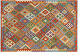Flat Weave Kilim, Antique, Navaho, Vintage, Handmade, Geometric Kilim Rust Blue Hand-Woven Rectangle 100% Wool Area Rug 4 x 5