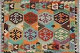 Flat Weave Kilim, Antique, Navaho, Vintage, Handmade, Geometric Kilim Gray Blue Hand-Woven Rectangle 100% Wool Area Rug 3 x 5