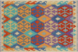 Flat Weave Kilim, Antique, Navaho, Vintage, Handmade, Geometric Kilim Blue Beige Hand-Woven Rectangle 100% Wool Area Rug 3 x 5