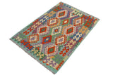 Flat Weave Kilim, Antique, Navaho, Vintage, Handmade, Geometric Kilim Rust Blue Hand-Woven Rectangle 100% Wool Area Rug 3 x 5